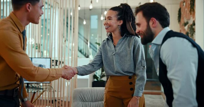 Office, business people and smile with handshake for welcome, greeting or hello for proposal meeting. Boardroom, clients and startup manager with shaking hands for introduction, b2b or digital agency