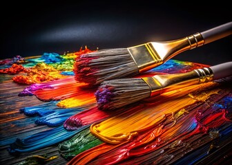 Fototapeta premium Thick Acrylic Oil Paint Brush Strokes on Black Background - Low Light Photography for Artistic Creativity and Abstract Aesthetics