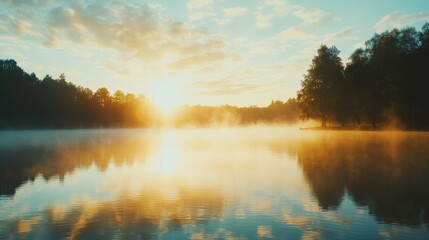 Fototapeta premium A tranquil sunrise over a misty lake showcasing the beauty of nature at dawn