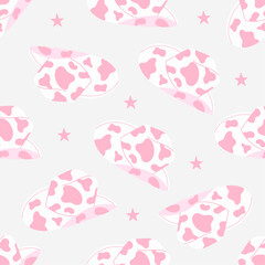 Seamless pattern with cowboy hat, stars. Trendy pink cowgirl hat with cow print. West word, western design. Hand drawn vector illustration