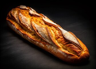 Traditional French Baguette Isolated on Black Background - Macro Photography of Artisan Bread with Crispy Crust and Soft Interior, Perfect for Culinary and Food Photography Needs