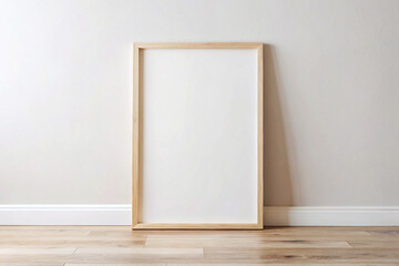 Wood Frame Mockup. Vertical Wood Frame on a wooden floor and white wall, Blank photo frame standing inside room empty Wall Frame Mockup