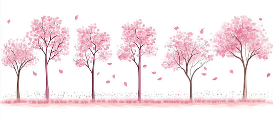Paysage panoramique de cerisiers en fleurs en aquarelle pour fond d'écran