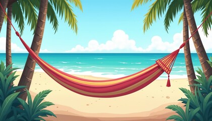 Colorful Striped Hammock Between Palm Trees on Empty Tropical Beach