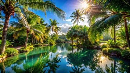 Obraz premium Tranquil Tropical Oasis with Palm Trees and Reflective Pond in Bokeh Effect - Perfect for Relaxation and Peaceful Retreats