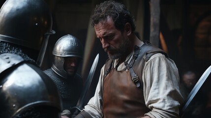 Medieval soldiers are diligently preparing for an intense battle in a darkened and moody setting