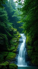 A cascading waterfall tumbles through a lush, moss-covered forest on a foggy morning