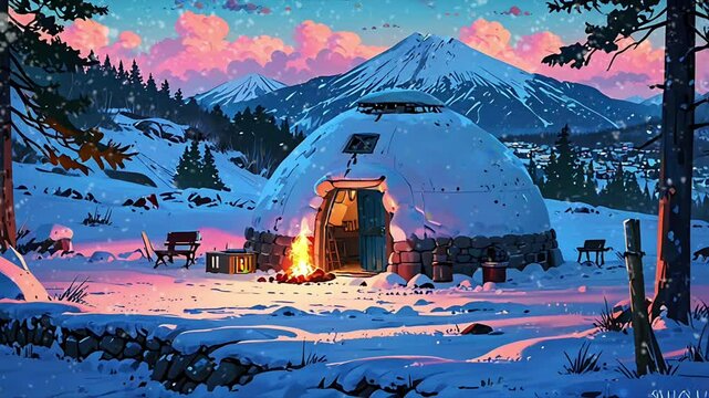 An igloo house is located in a snow-covered polar area. Seamless 4K looping timelapse video animation background