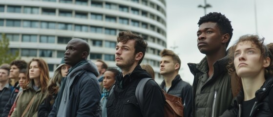 Fototapeta premium A crowd of diverse individuals stands solemnly in front of a modern building, indicative of unity and resilience amidst a common cause.