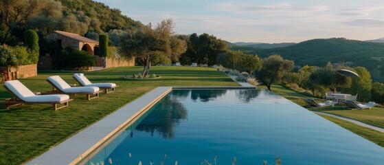 An exquisite infinity pool stretches toward a vast landscape, lined with plush loungers, inviting relaxation amidst serene vistas of rolling hills and tranquil skies.