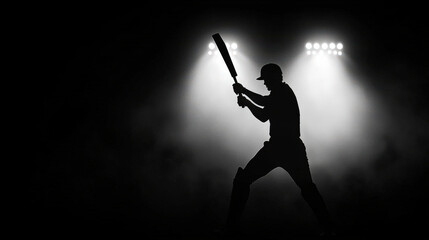 batsman silhouette holding bat stands under glowing stadium lights, ready for action. atmosphere is charged with excitement and anticipation
