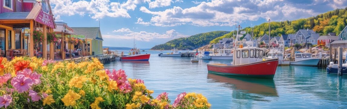 A picturesque fishing village with colorful boats and blooming flowers under a bright sky on a sunny day