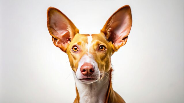 Beautiful Podenco Andaluz Dog with Erect Ears Posing Curiously on White Background - Stunning Pet Photography, Dog Lovers, Purebred Canine, Curiosity, Ears Up, Pet Portraits