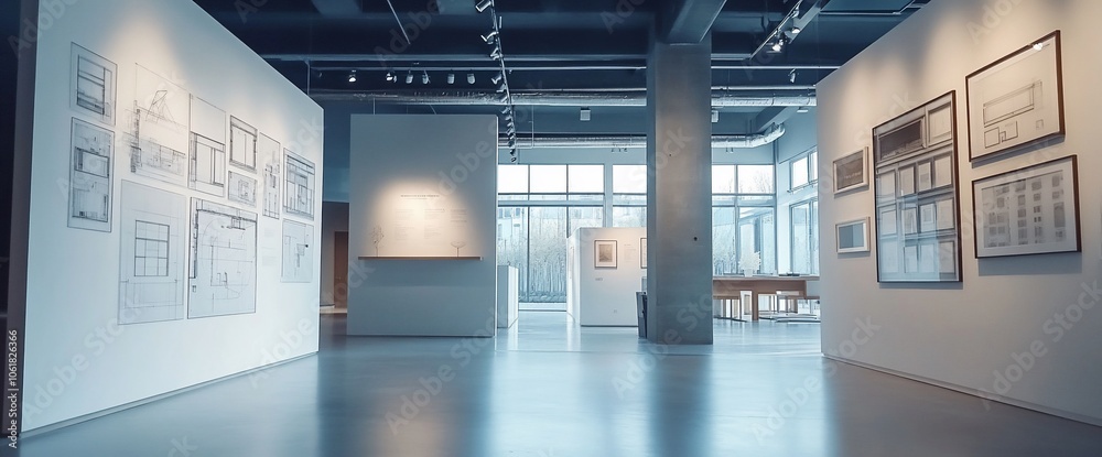 Poster a modern, minimalist art gallery with white walls and a concrete floor. artwork is displayed on the 