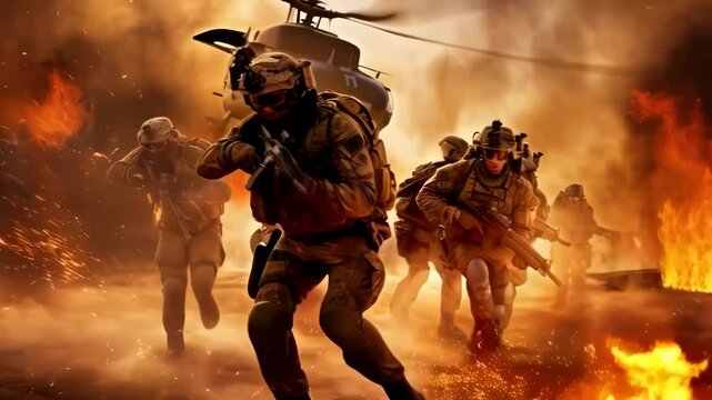 Soldiers running towards a helicopter amidst explosions during a military operation at sunset