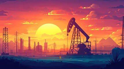 Oil Rig Silhouette at Sunset - Industrial Landscape