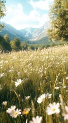 Obraz premium A tranquil meadow adorned with colorful wildflowers and majestic mountains under a clear blue sky in the afternoon sunlight