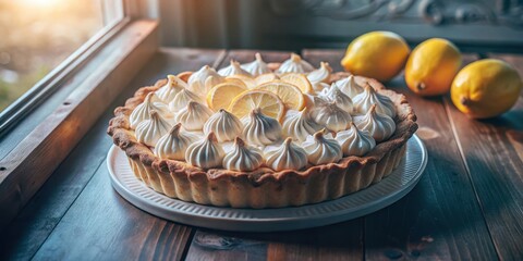 A close-up of a lemon meringue pie on a wooden table, with fresh lemons in the background, bathed in warm light from a nearby window.