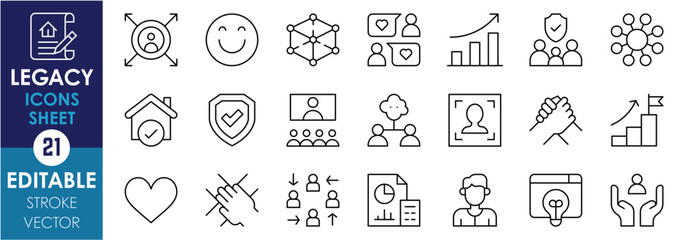 A set of line icons related to Legacy. Love, network, house, connection, support, graph, smile, trust, security, management, and so on. Vector editable stroke.