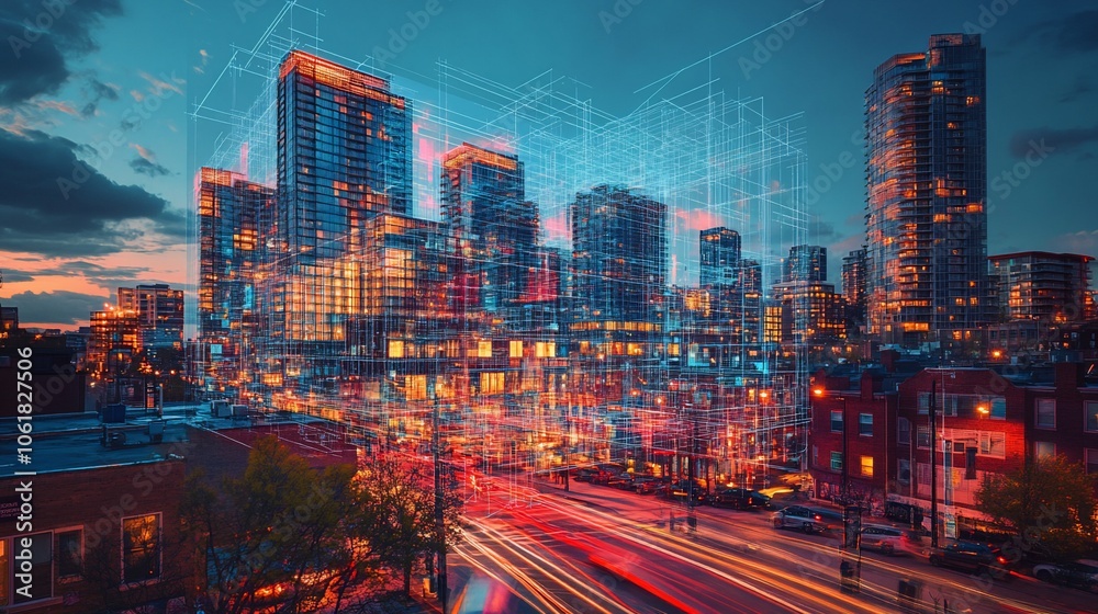 Poster a nighttime cityscape with a glowing digital grid overlay, representing the concept of urban technol
