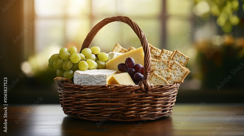 Poster a rustic wicker basket filled with assorted cheeses, fresh grapes, and crackers on a wooden table in