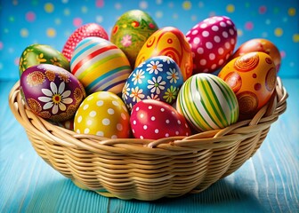 Fototapeta premium Vibrant Colorful Easter Eggs in a Basket Isolated on Bright Blue Background for Festive Spring Celebrations and Holiday Decor