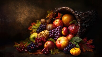 A cornucopia overflowing with colorful fruits and autumn leaves, creating a vibrant and rich seasonal display.