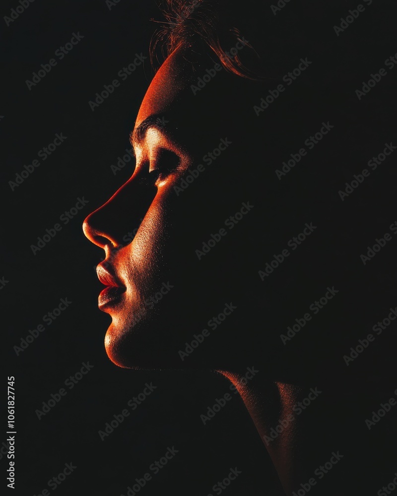 Poster a captivating profile view of a person illuminated against a dark background during a creative photo