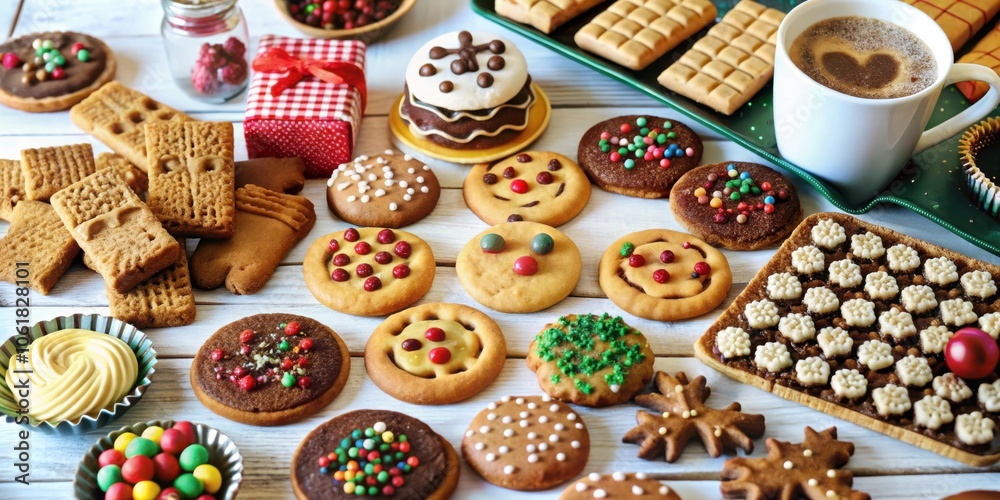 Poster a festive table spread with a diverse array of homemade cookies, candies, and a cup of coffee