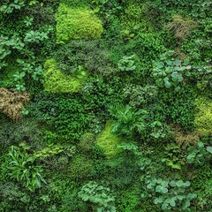 Lush Green Wall with Varied Foliage and Moss