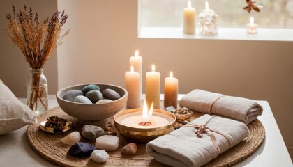 Cozy table setup with candles, crystals, and dried flowers for meditation and relaxation