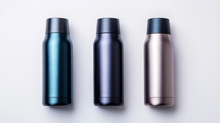 Three Stainless Steel Water Bottles on White Background