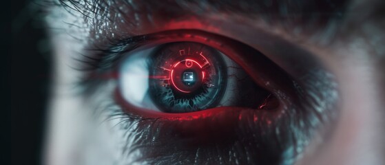 A close-up of a striking eye with a futuristic red interface, evoking themes of technology, vision, and digital transformation.