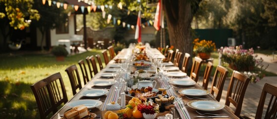An outdoor banquet table, richly adorned with a variety of foods and decorations, is set under the warm sun in a lush garden, ready for a gathering.