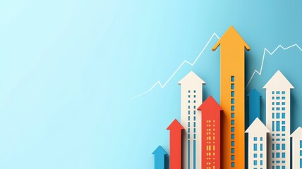 A vibrant illustration of rising arrows and buildings, symbolizing growth and progress in a financial or real estate context.