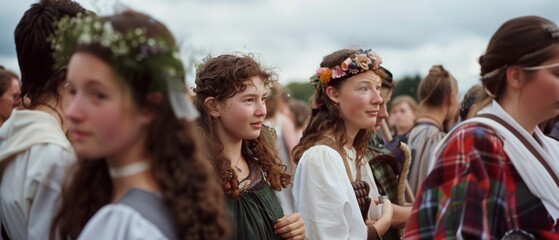 Women adorned in floral crowns and traditional dresses stand in a field, immersed in a cultural celebration of unity and heritage.