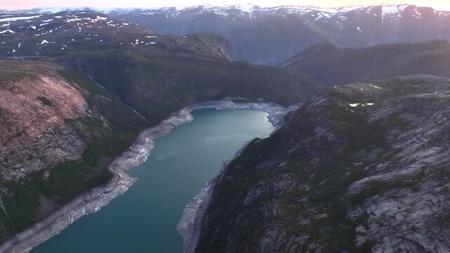 Norway's Breathtaking Ringedalsvatnet Lake where Troll Tongue or Trolltunga is located. Aerial Drone Shot over a Fjord