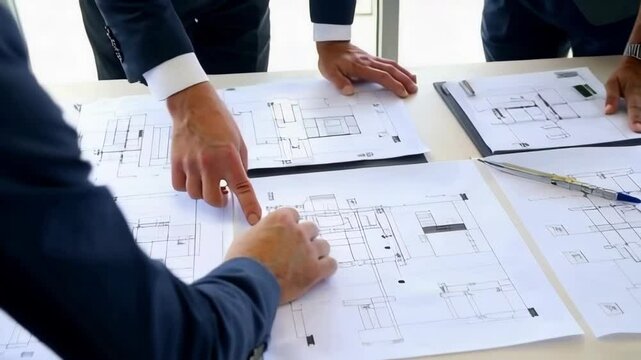 One of the men is pointing at a drawing on a blue print, documents.
