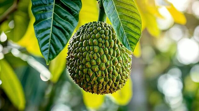 a breadfruit hanging from a tree