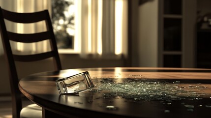 Fototapeta premium Dining area with a tipped chair and shattered glass on the table, suggesting an interrupted moment or mystery.