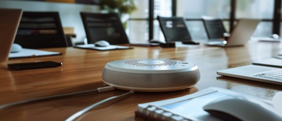 A modern conference room sits in silence with a speakerphone poised on a polished wooden table, awaiting bustling interactions amidst empty chairs and laptops.