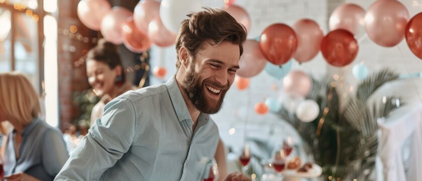 Laughter fills the air as partygoers immerse in a vibrant celebration with colorful balloons and festive decorations enhancing the joyous mood.