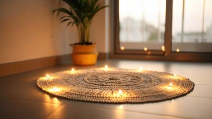 A cozy indoor scene featuring a circular rug illuminated by soft lights, complemented by a potted plant next to a window.