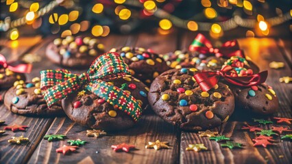 Festive Chocolate Chip Cookies with Colorful Sprinkles and Festive Ribbons on a Rustic Wooden Surface