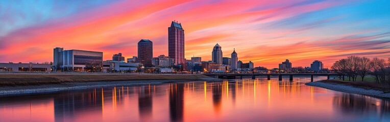 Obraz premium A stunning sunset reflects off the water, highlighting the Des Moines skyline and vibrant colors over the city’s buildings