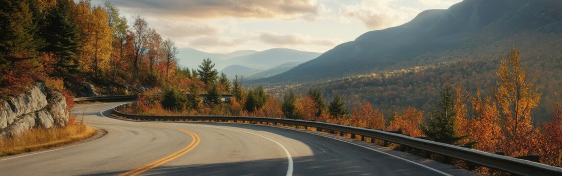 Autumn colors lighting up the winding Kancamagus Highway in New Hampshire during a serene afternoon drive