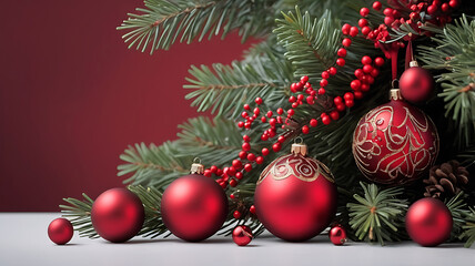 Obraz premium Christmas or New year composition. A festive still life capturing the essence of Christmas green tree with vibrant red color toys ornaments background.