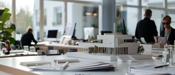 Inside a bright office, a sleek architectural model sits prominently on a desk, representing innovation and future planning.