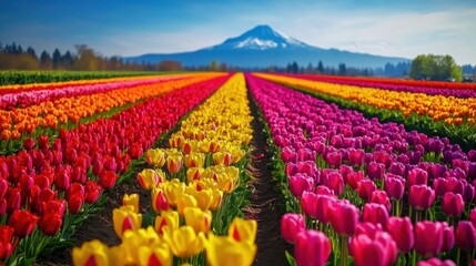Colorful tulip fields in full bloom under a clear blue sky with a majestic mountain backdrop during springtime in Oregon