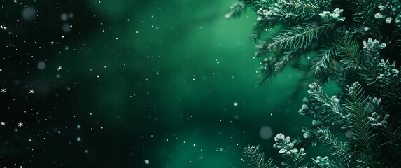 green christmas background theme with pine tree branches and snowflakes